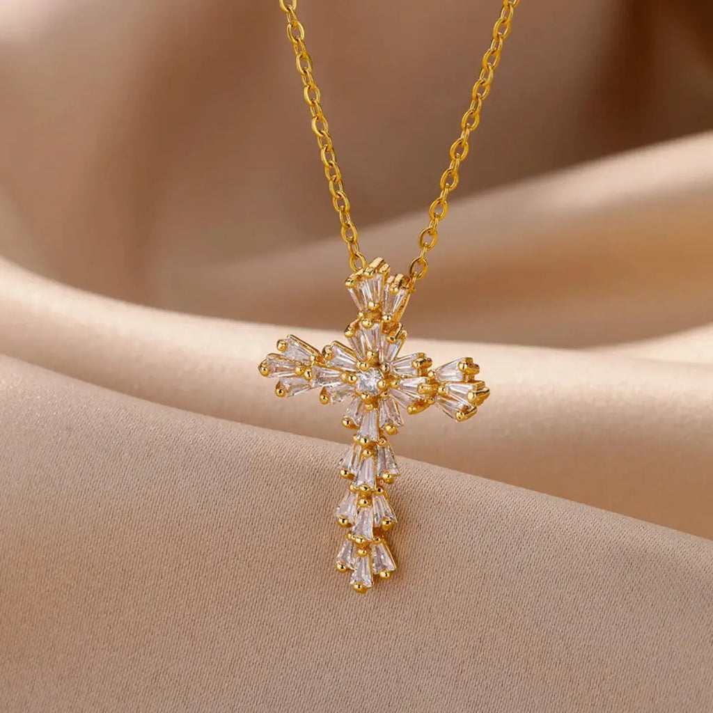 Luxury Zirconia Cross Pendant Necklace - Elegant Stainless Steel