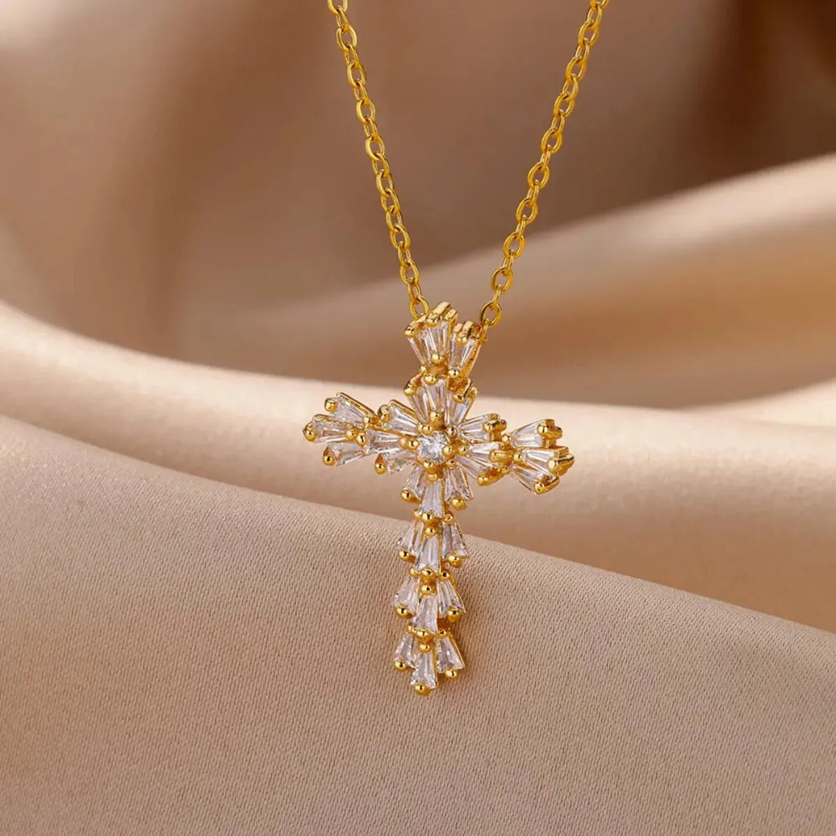 Luxury Zirconia Cross Pendant Necklace - Elegant Stainless Steel