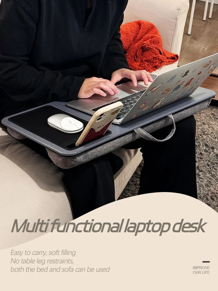 Ergonomic laptop desk - black carbon fiber finish with integrated tablet and phone stand