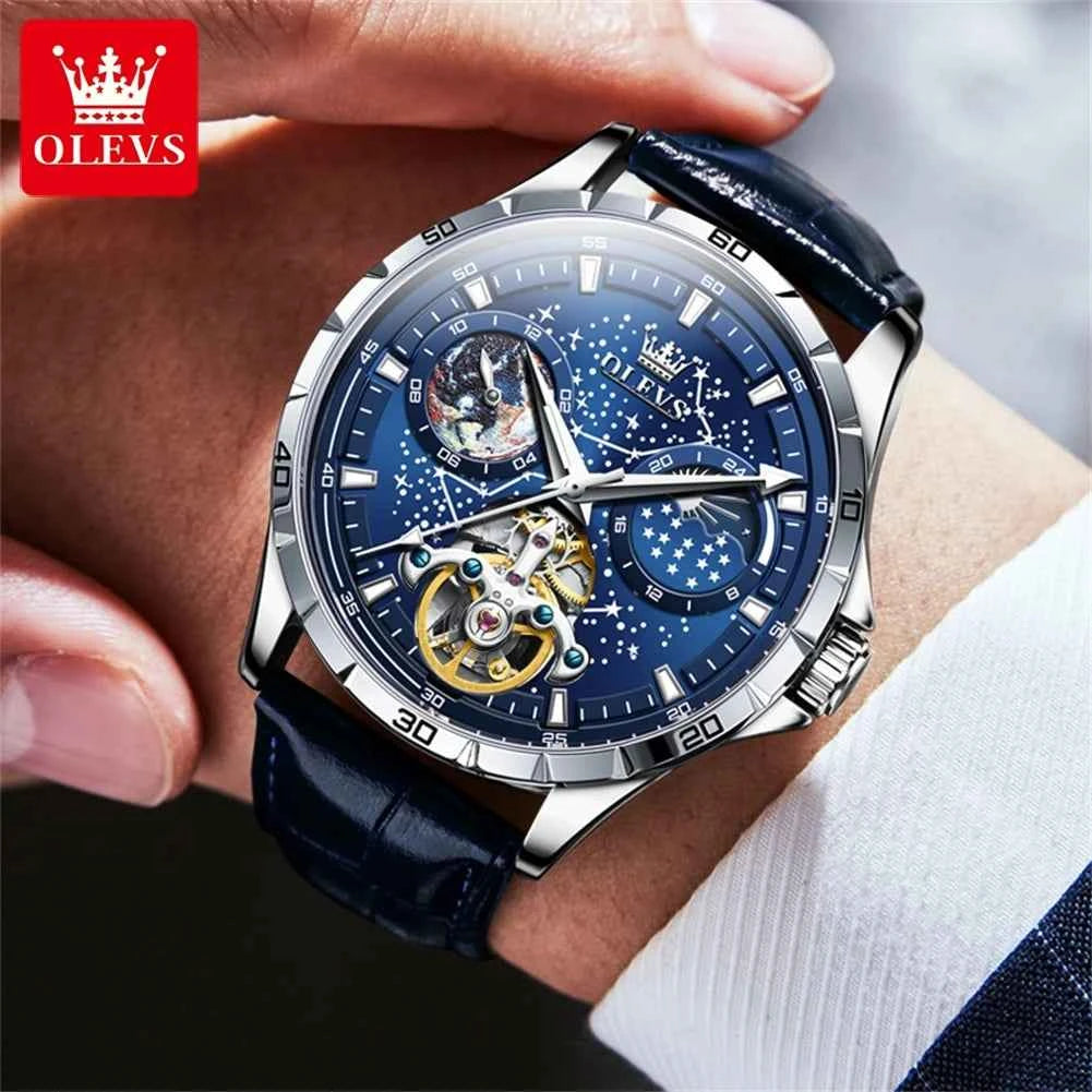 OLEVS 6689 Luxury Brand Moon Phase Automatic Watch for Men Skeleton Flywheel Chronograph Luminous Starry Sky Original Man Watch