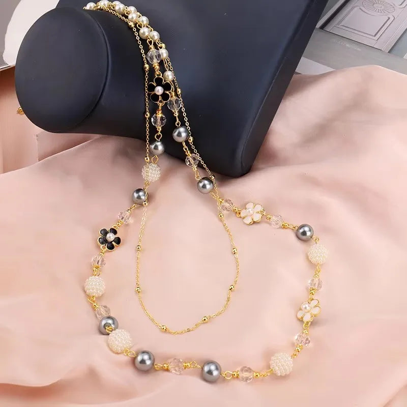 Elegant Long Pearl Necklace - Multilayer Camellia Flower Design