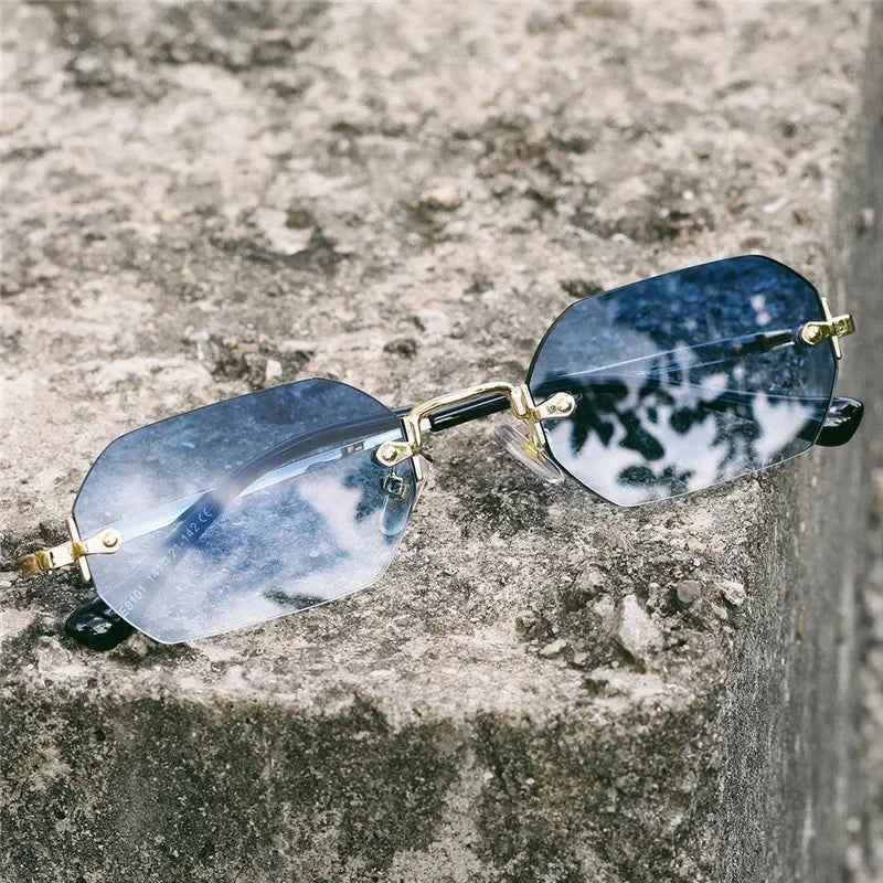 Vintage Rimless Polygon Sunglasses - Luxury Gold Shades