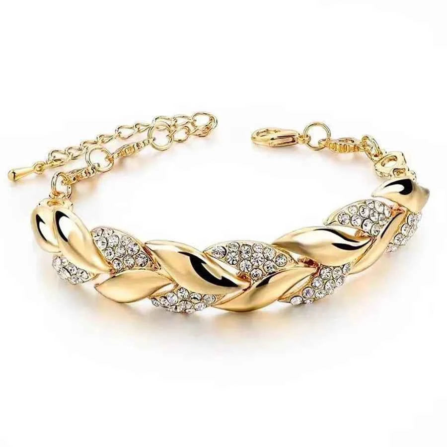 Elegant Crystal Wedding Bracelet - Braided Leaf Charm Design