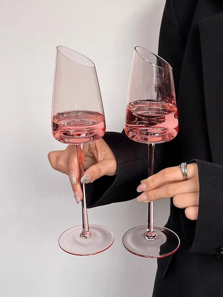 Elegant Pink Vintage Wine Glass - Slanted Mouth Design