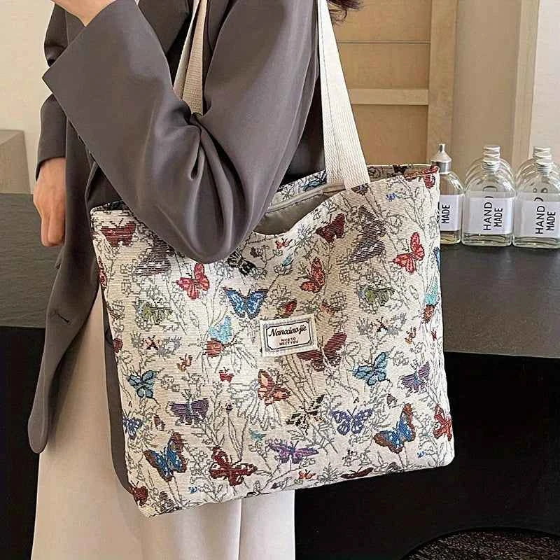 Elegant Butterfly Canvas Bag - Embroidered Shoulder Tote