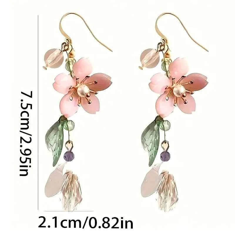 Elegant Pink Flower Tassel Drop Earrings - Long Floral Holiday Jewelry