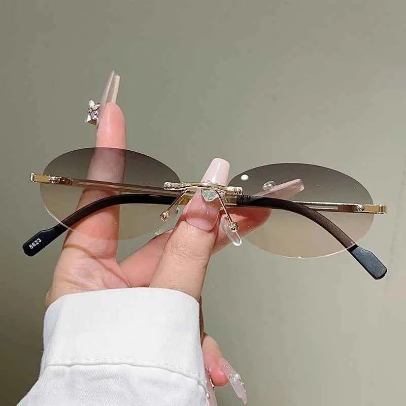 Trendy Rimless Oval Sunglasses - Vintage Gradient Shades