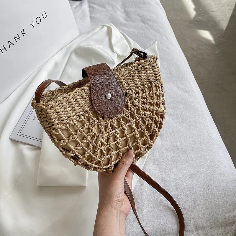 Elegant Straw Semicircle Bag - Chic Summer Crossbody