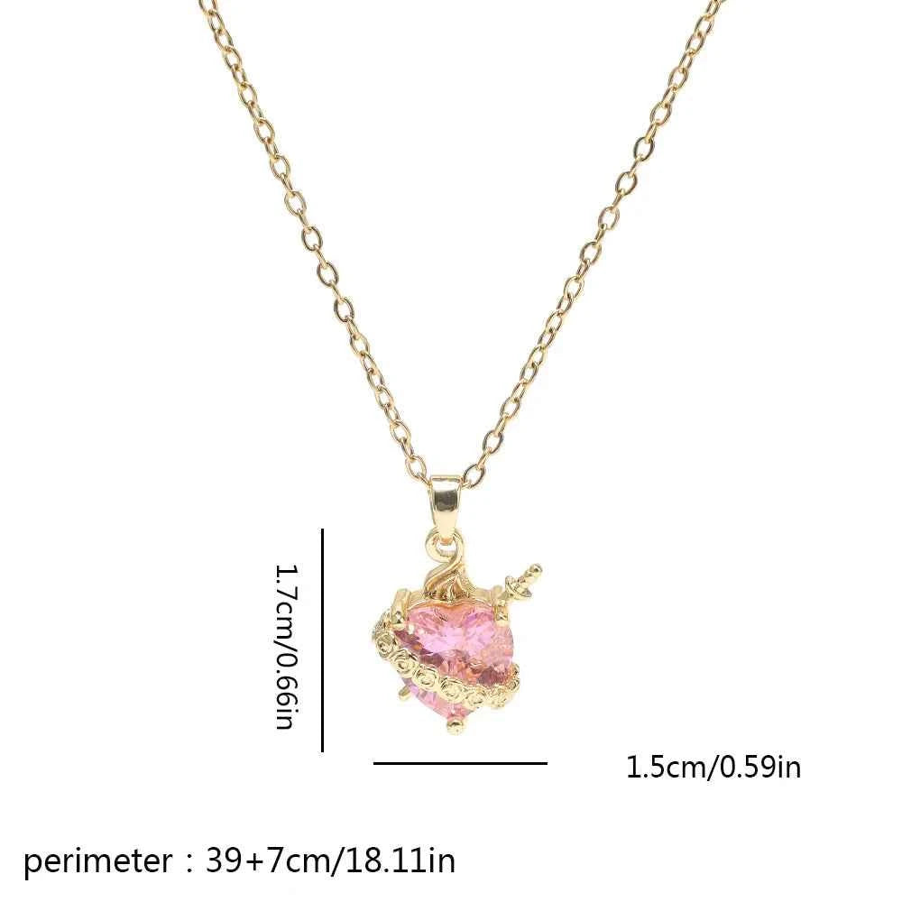 Elegant Pink Rhinestone Heart Necklace - Gothic Y2K Choker