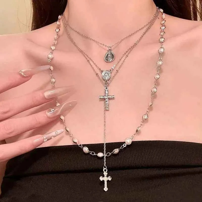 Elegant Baroque Pearl Choker - Multi Layer Cross Necklace