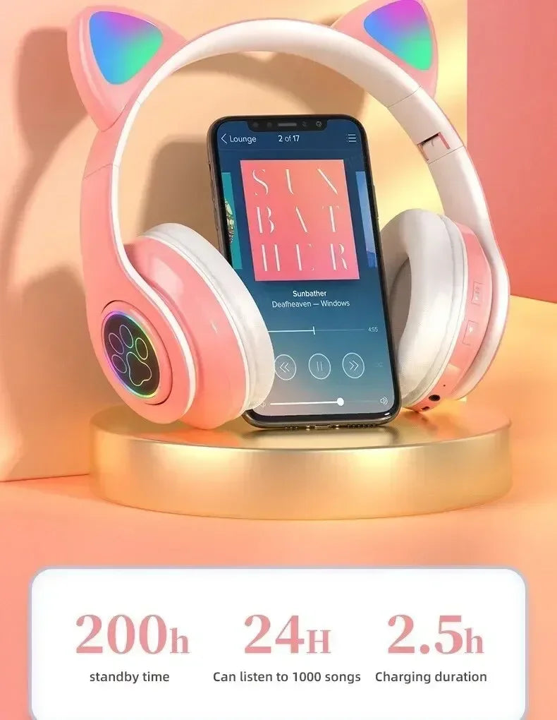 Premium Cat Ear Bluetooth Headphones - LED Stereo & Mic
