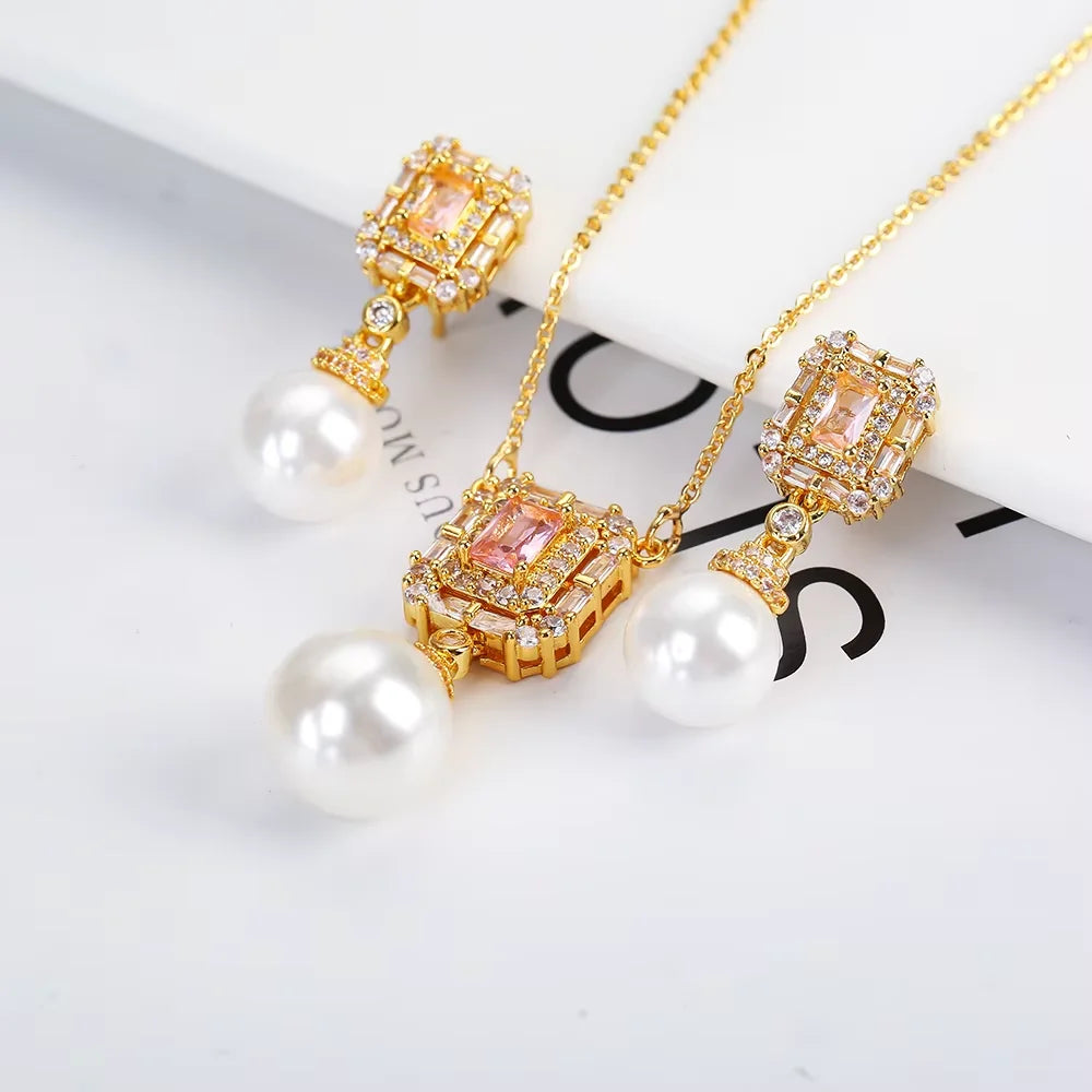Luxury Pearl Pendant Necklace Earring Set - 18K Gold Plated