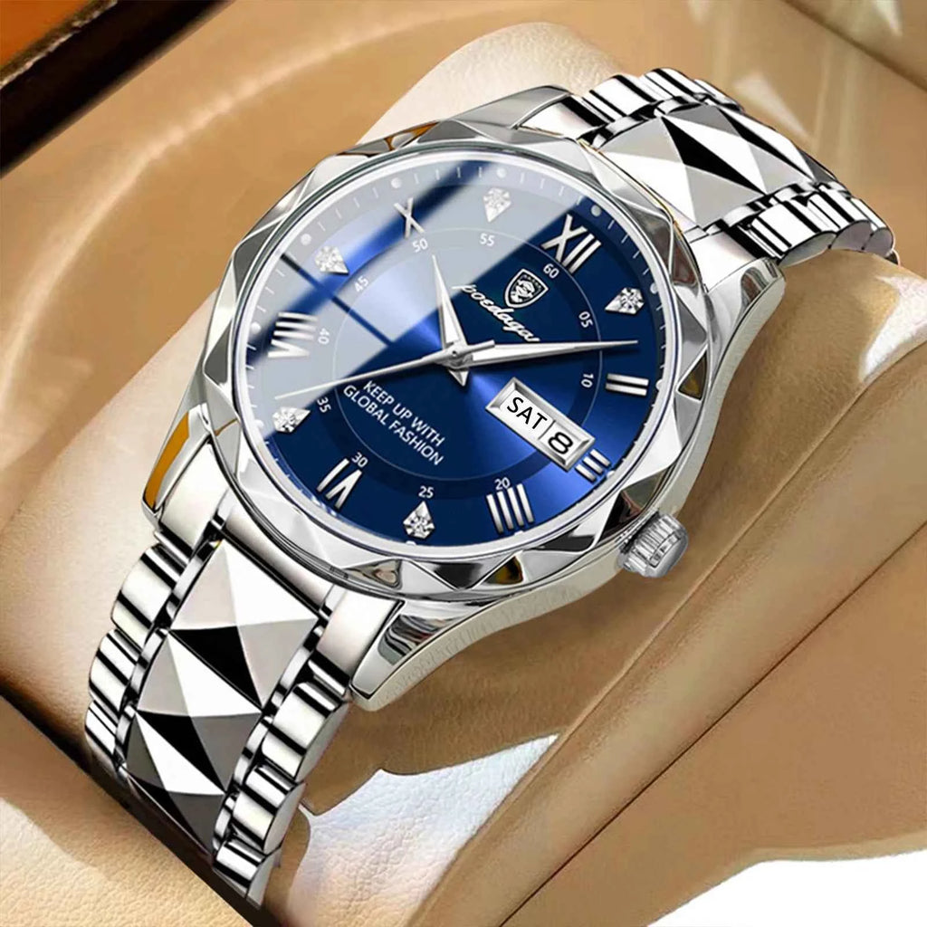 Men's luxury quartz watch - black dial with luminous hands and stainless steel band