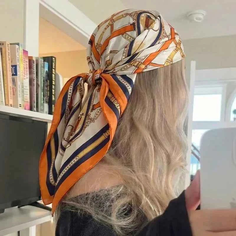 Luxury Chain Print Silk Square Scarf - Soft Satin Neckerchief