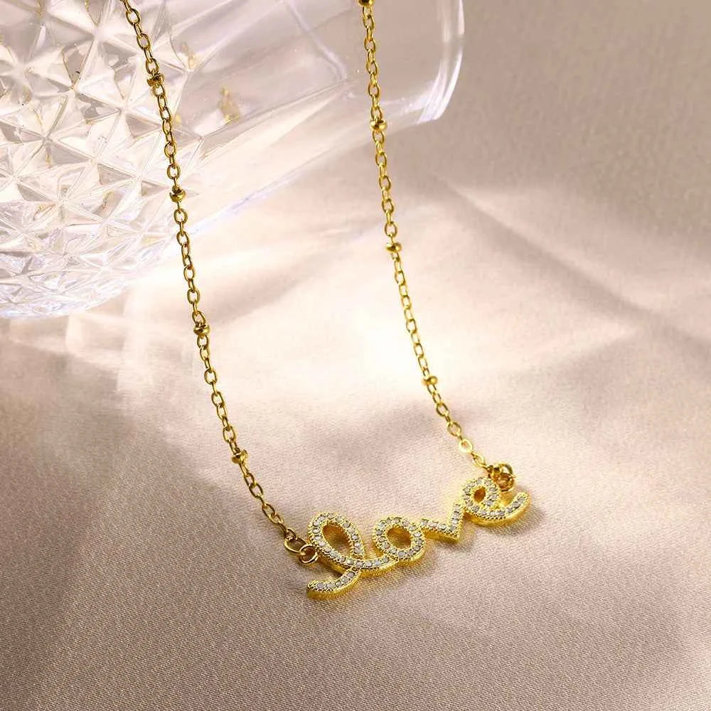 Luxury Zircon Love Letter Pendant Necklace - Gold Stainless Steel