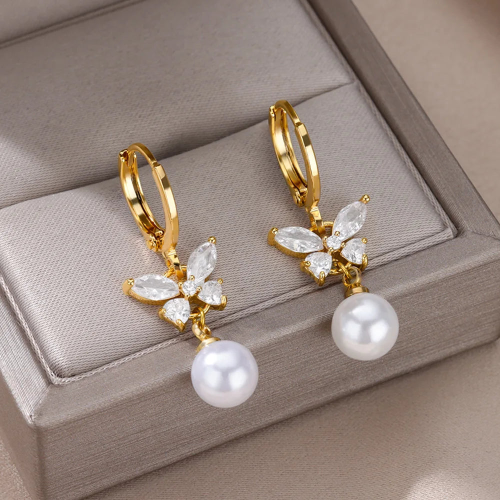 Luxury Butterfly Pearl Earrings - Gold Plated Zircon Jewelry