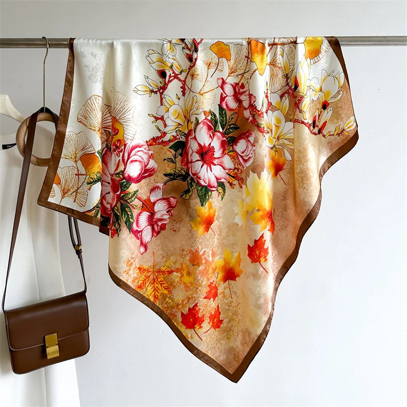 Luxury Square Silk Scarf - Elegant Tree Print Neck Shawl