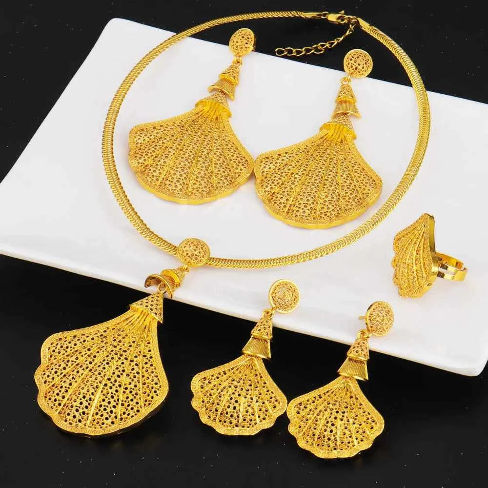 Luxury Gold Plated Necklace Bracelet Ring Set