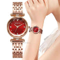 Elegant Ladies Diamond Quartz Watch - Red Alloy & Leather