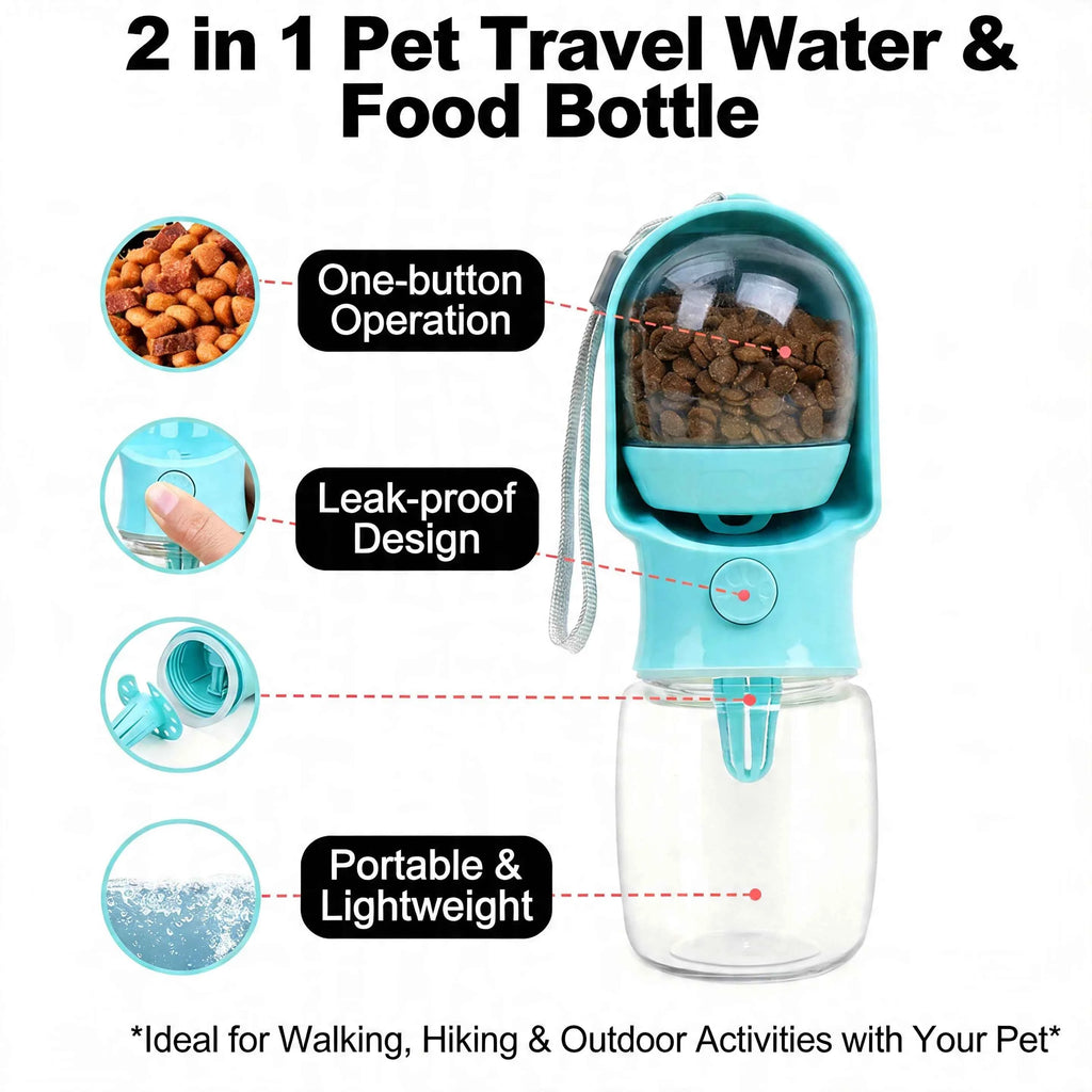 Portable Pet Water Bottle with Food Container - Leak-proof dog and cat travel dispenser