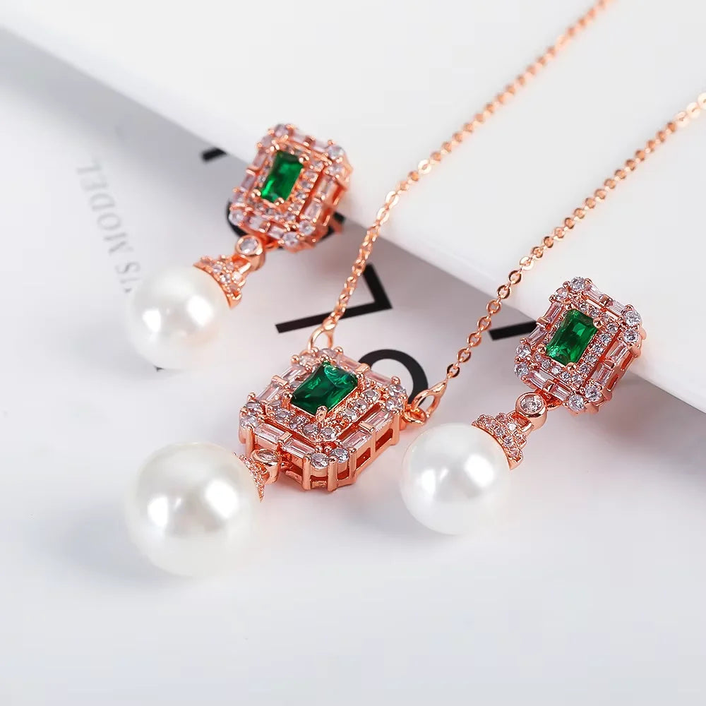 Luxury Pearl Pendant Necklace Earring Set - 18K Gold Plated