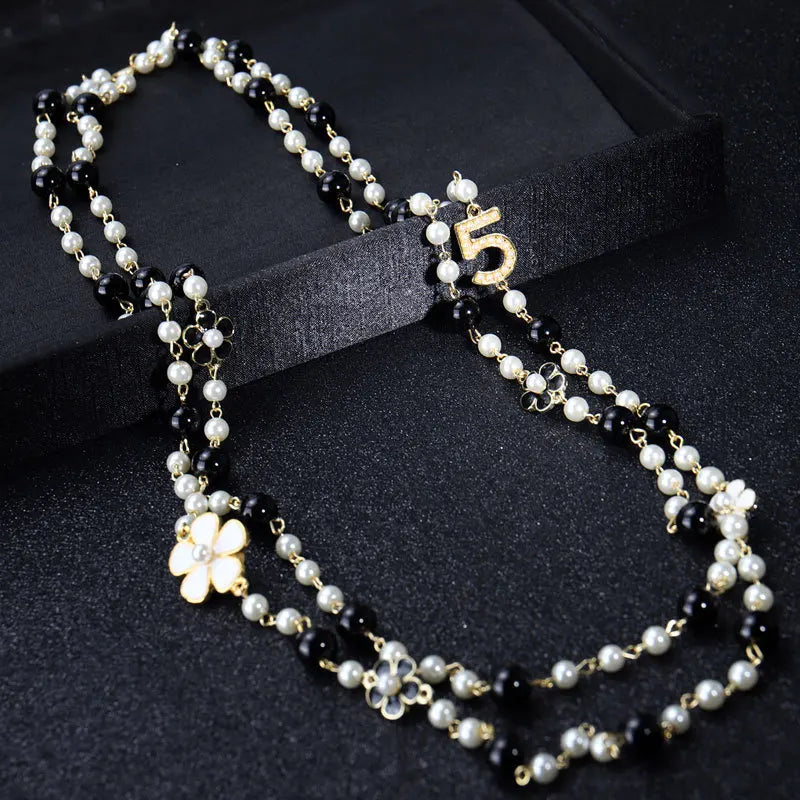 Elegant Long Pearl Necklace - Multilayer Camellia Flower Design