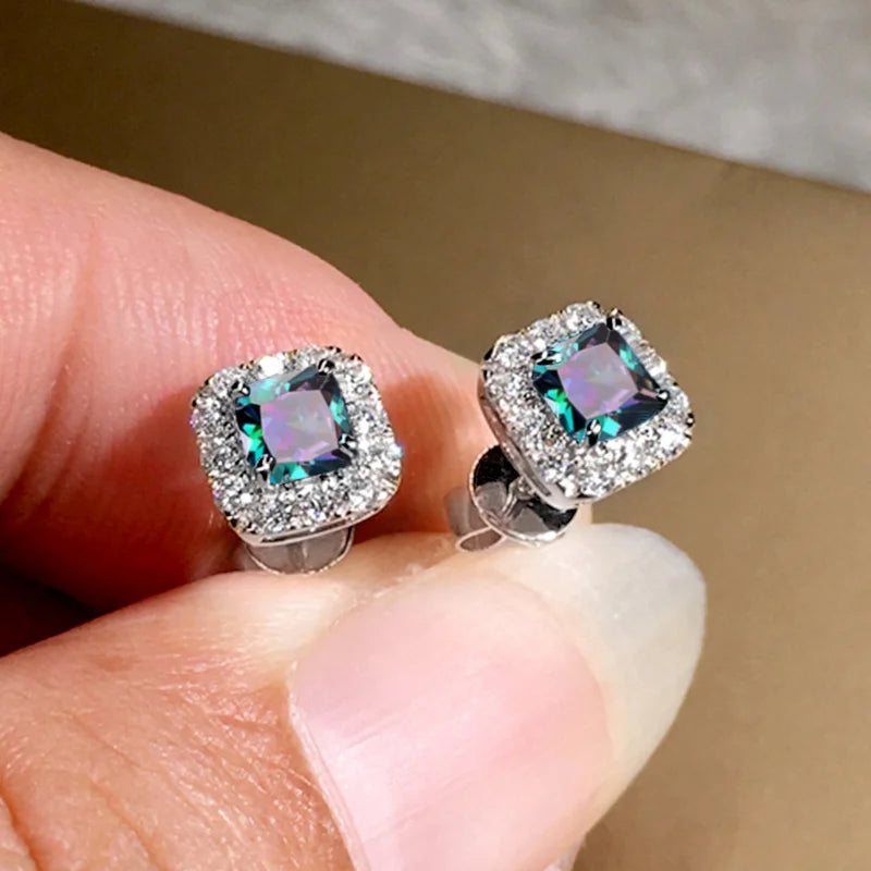 Luxury Green CZ Stud Earrings - Gold Elegant Bride Wedding Jewelry