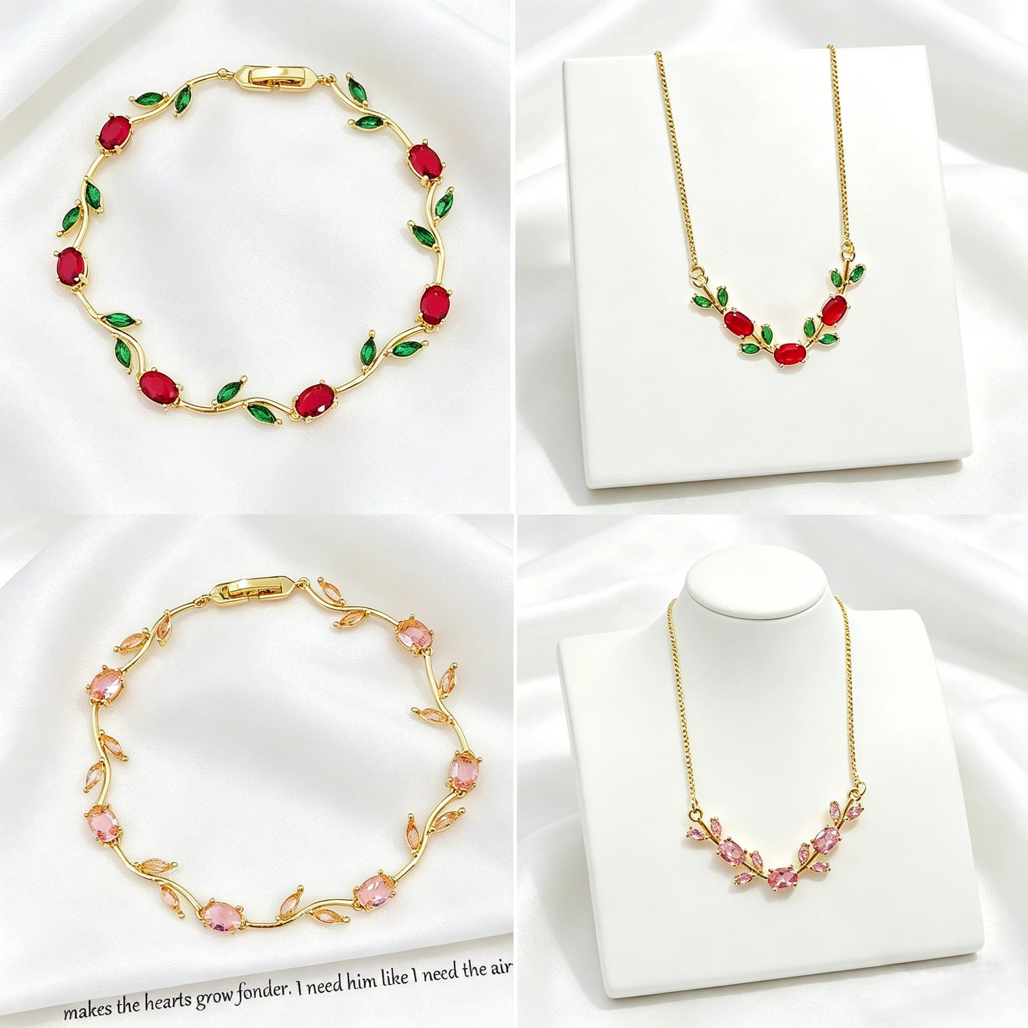 Crystal Leaf Jewelry Set - elegant silver-tone necklace and bracelet with sparkling cubic zirconia leaves