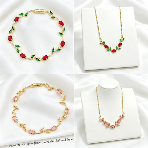 Crystal Leaf Jewelry Set - elegant silver-tone necklace and bracelet with sparkling cubic zirconia leaves