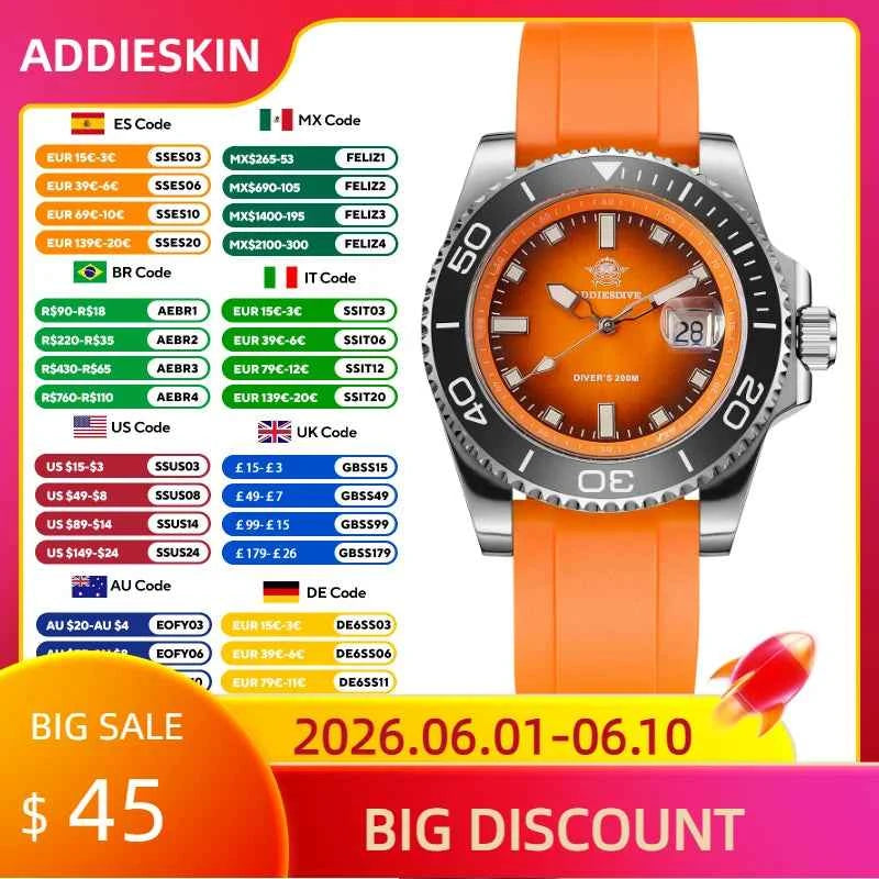 Men's diving watch - ADDIESDIVE AD2089 with black silicone strap and luminous dial