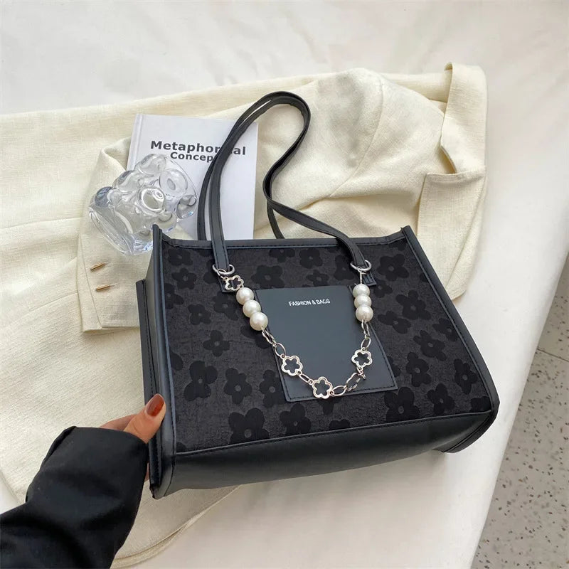 Elegant Large Capacity Tote Bag with Pearl Chain
