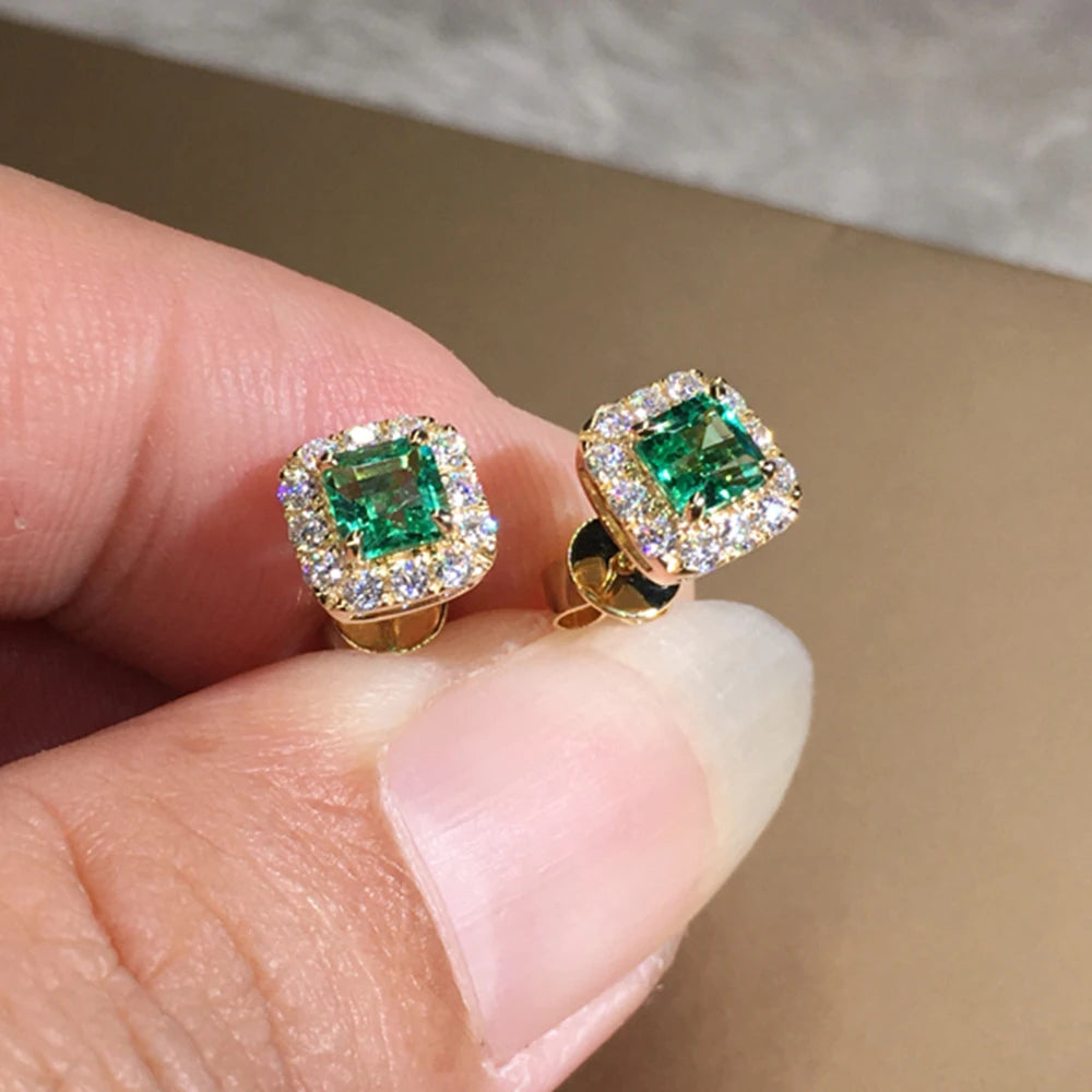 Luxury Green CZ Stud Earrings - Gold Elegant Bride Wedding Jewelry