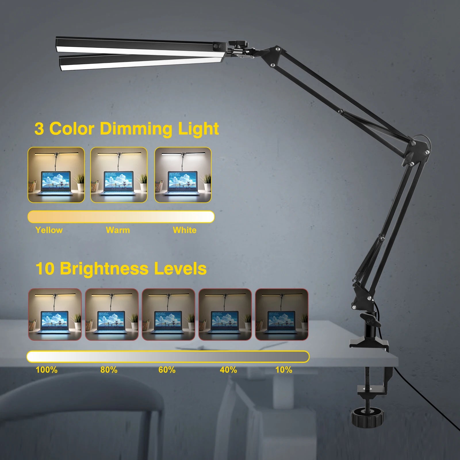 Premium LED Desk Lamp with Clamp - Auto Dimming & Bright
