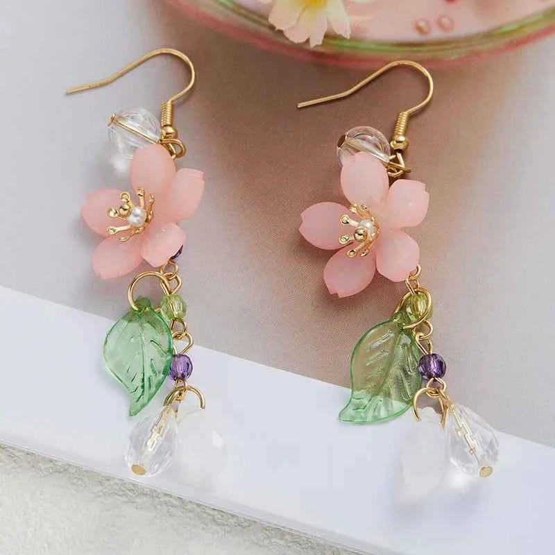 Elegant Pink Flower Tassel Drop Earrings - Long Floral Holiday Jewelry