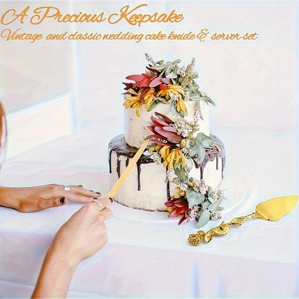 Elegant Rose Handle Luxury Cake Serving Set - 2pcs Golden