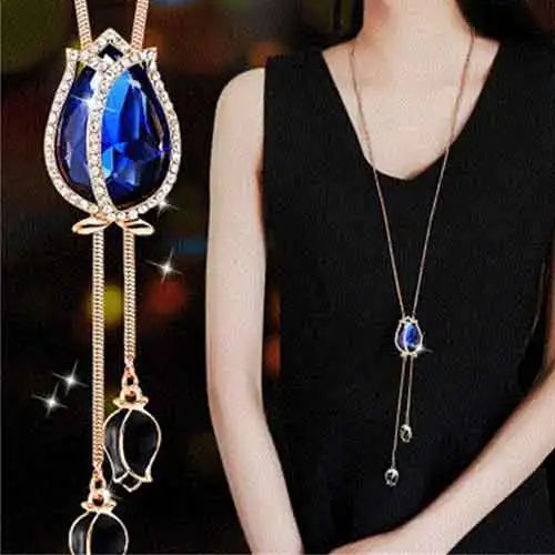 Luxury Crystal Flower Long Sweater Necklace - Elegant Pendant