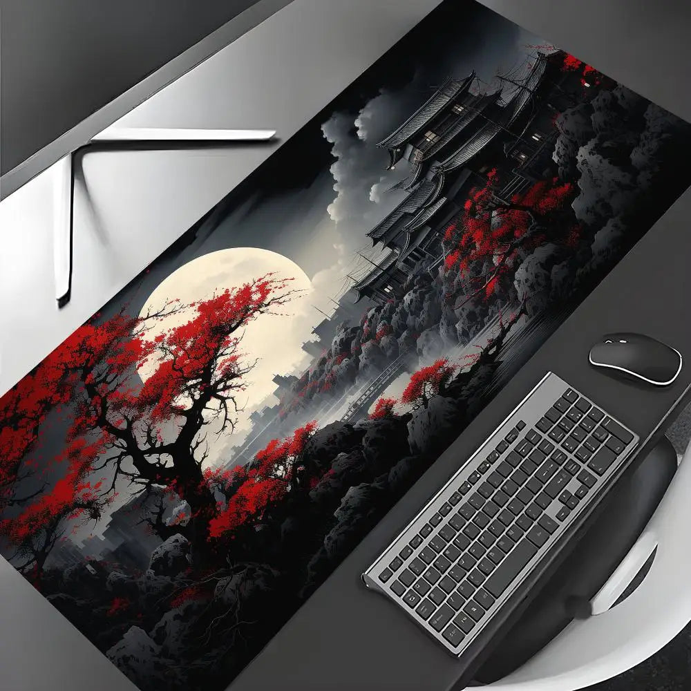 Large Mouse Pad - Red and black art landscapes on an anti-slip durable desk mat