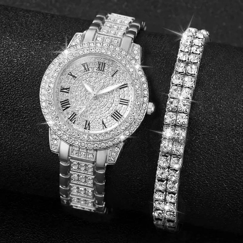 Elegant Diamond Roman Quartz Watch & Bracelet Set