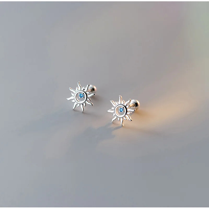 Elegant Sterling Silver Blue Zircon Sun Stud Earrings