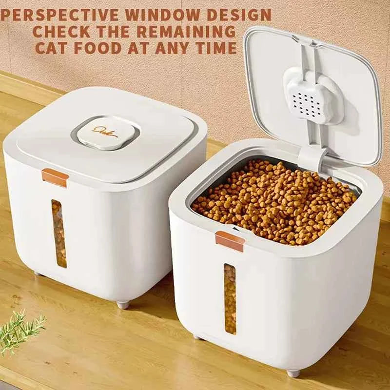 Large pet food container - white plastic barrel with sealed, moisture-proof lid for pet food storage