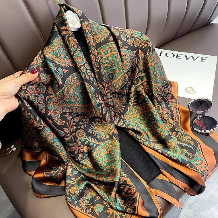 Luxury Horse Print Square Scarf - Vintage Silk Feel Shawl