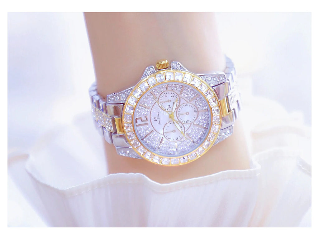 Elegant Women's Diamond Wrist Watch - Waterproof Silver Gold