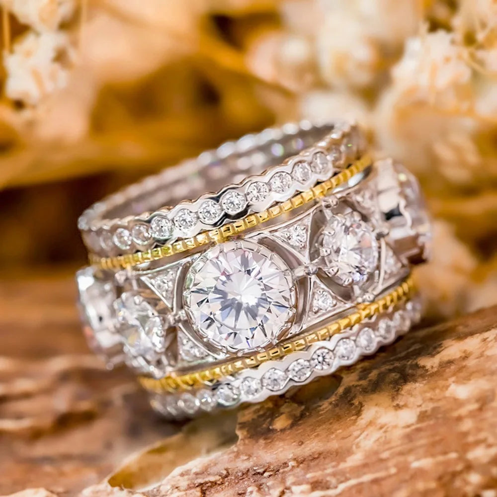 Luxury Zircon Stainless Steel Ring - Two-Color Court Style