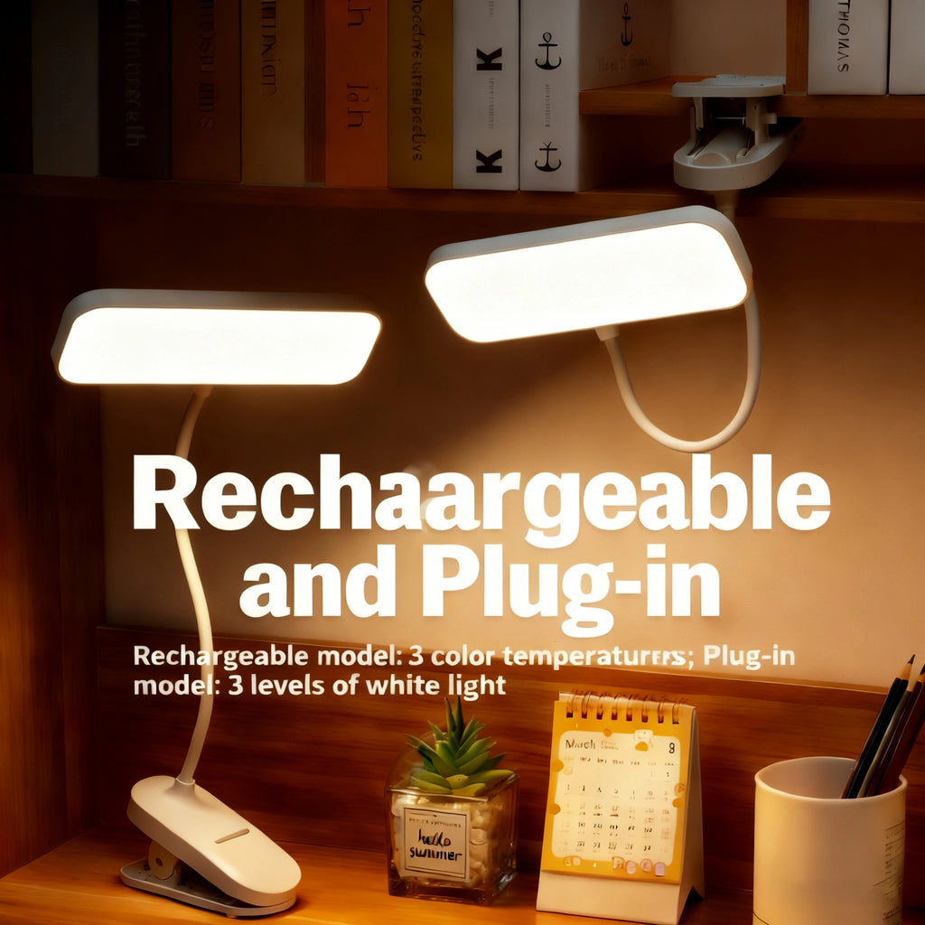 LED clip-on desk lamp - white, flexible gooseneck with clip base and eye care features