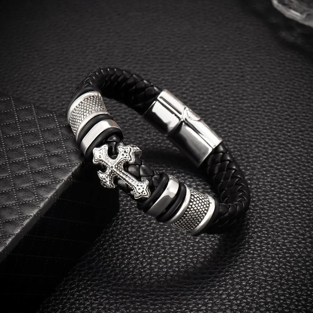 Luxury Men's Titanium Steel Bracelet - Vintage Leather Braided