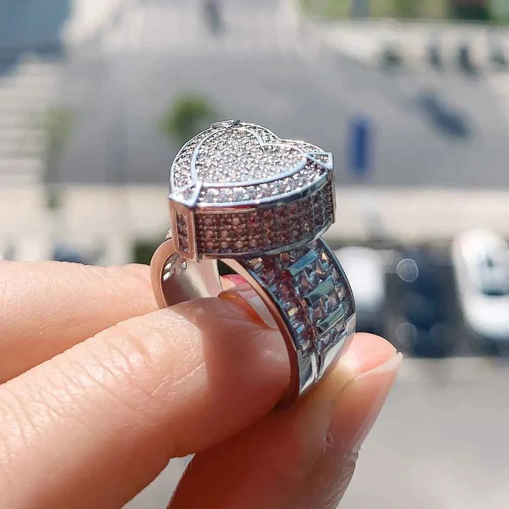 Elegant Iced Out Heart Engagement Ring - Gold & Silver