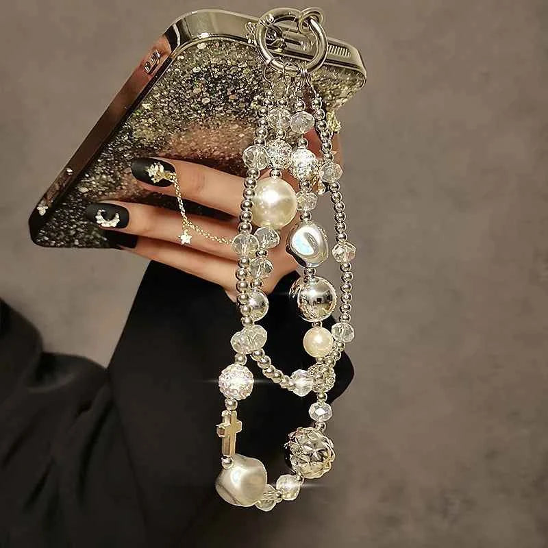 Luxurious Pearl Phone Lanyard - Elegant Crystal Double Chain