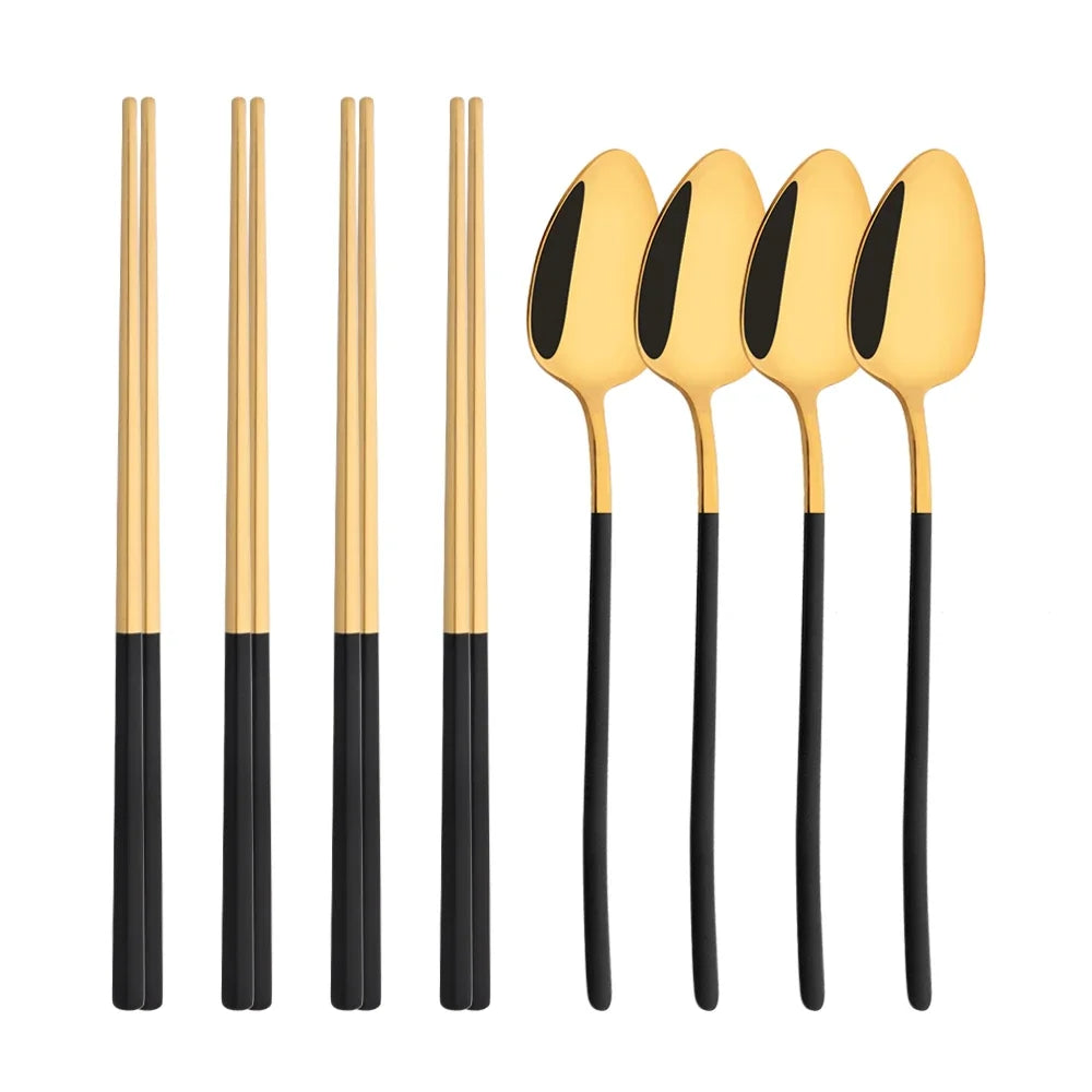 Luxury Stainless Steel Cutlery Set - 8-piece Korean dinnerware in black gold finish