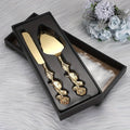 Luxury cake serving set - golden cake knife and spatula with elegant rose-shaped handles