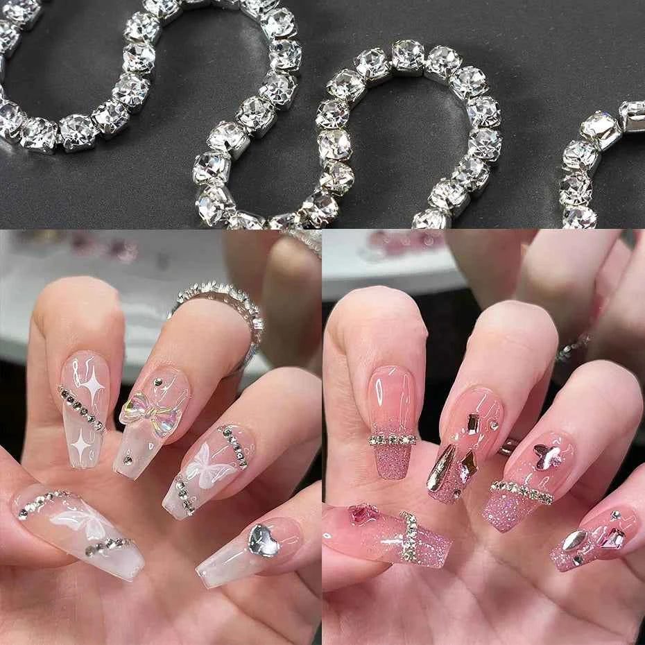 Luxury Sparkling Nail Art Chain - Silver Metal & Diamond Decor